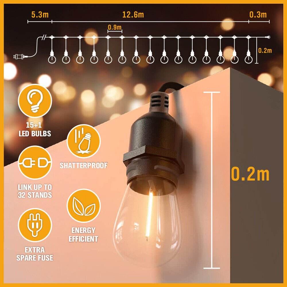 Solar Power 15 LED 18.2M Festoon String Lights WaterProof - Outdoorium