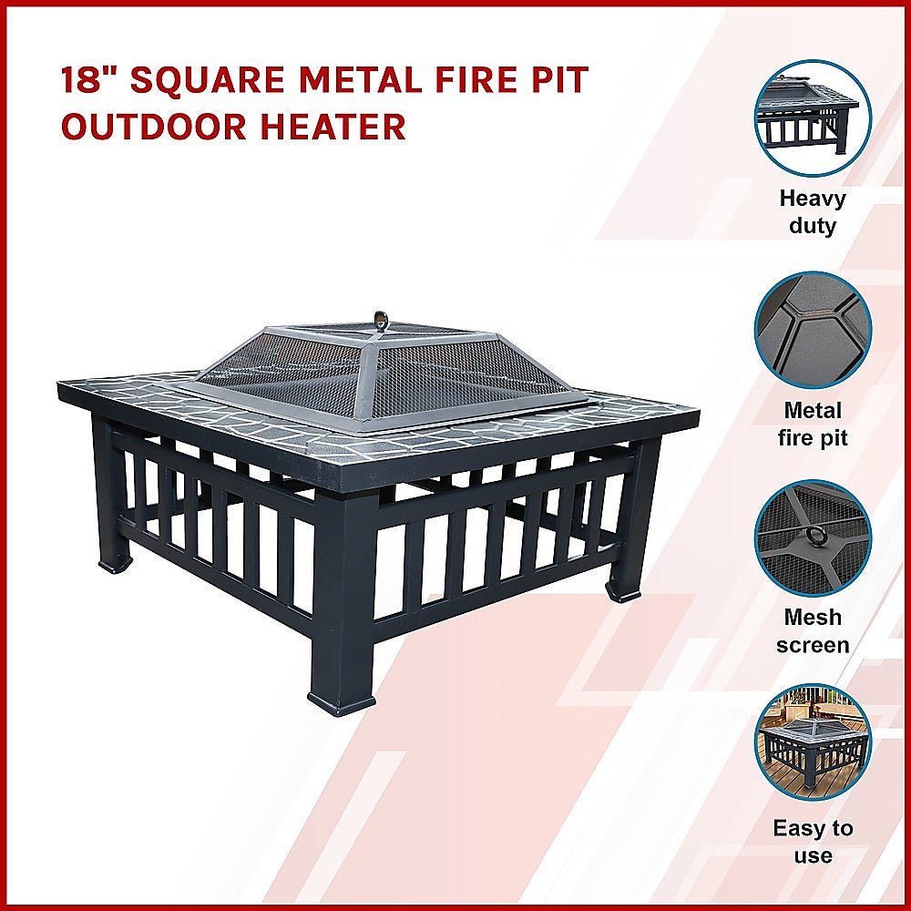 Square Metal Fire Pit Outdoor Heater - 45.7cm - Outdoorium