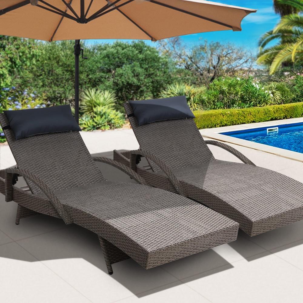 Sun Lounge Outdoor Furniture Wicker Lounger Rattan Day Bed Garden Patio Grey - Outdoorium