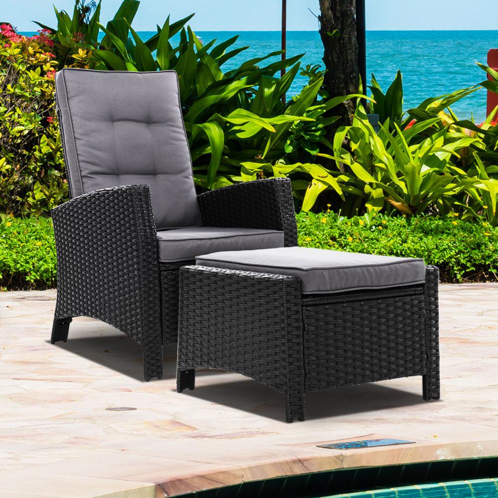 Sun lounge Recliner Chair Wicker Lounger Sofa Day Bed Outdoor Furniture Patio Garden Cushion Ottoman Black Gardeon - Outdoorium