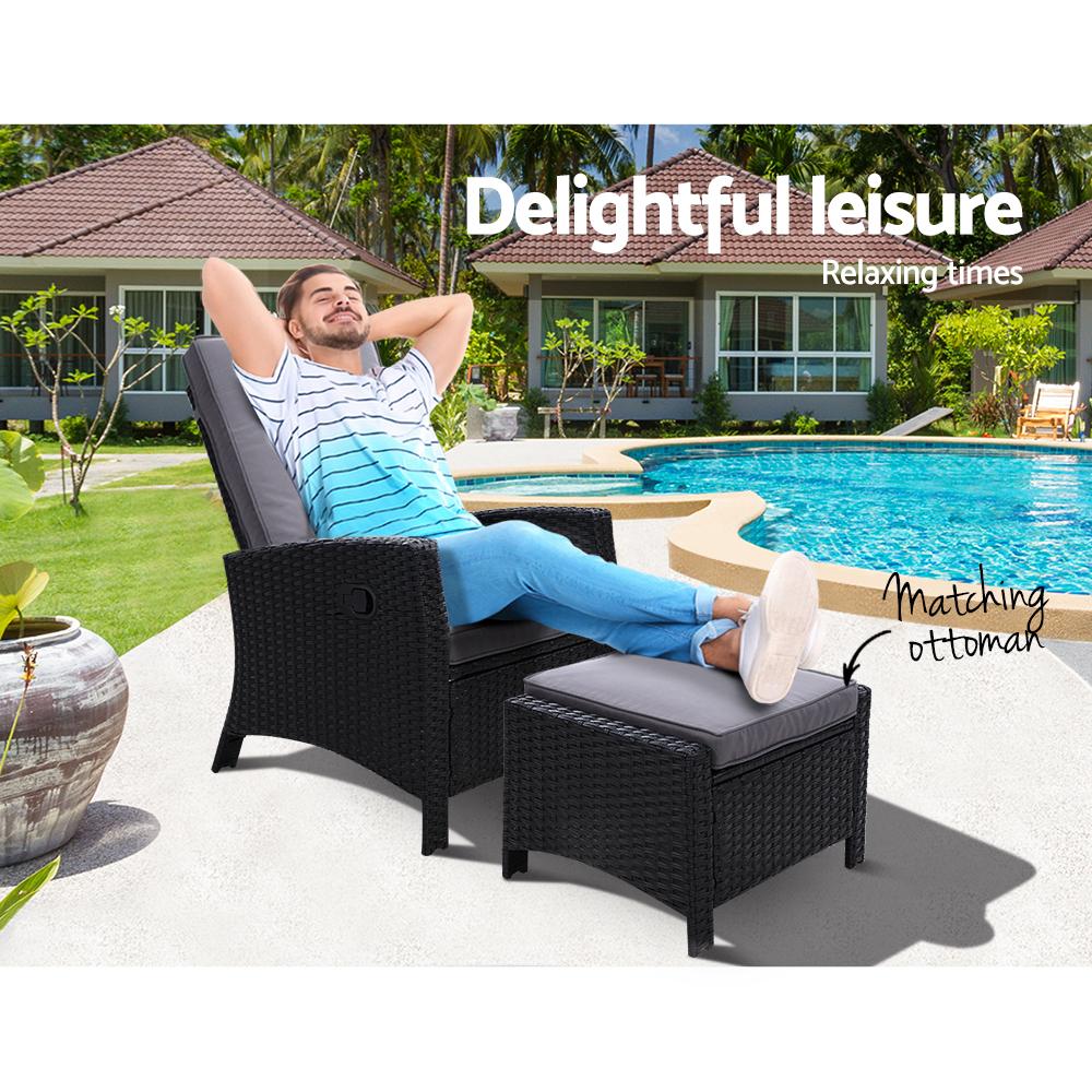 Sun lounge Recliner Chair Wicker Lounger Sofa Day Bed Outdoor Furniture Patio Garden Cushion Ottoman Black Gardeon - Outdoorium