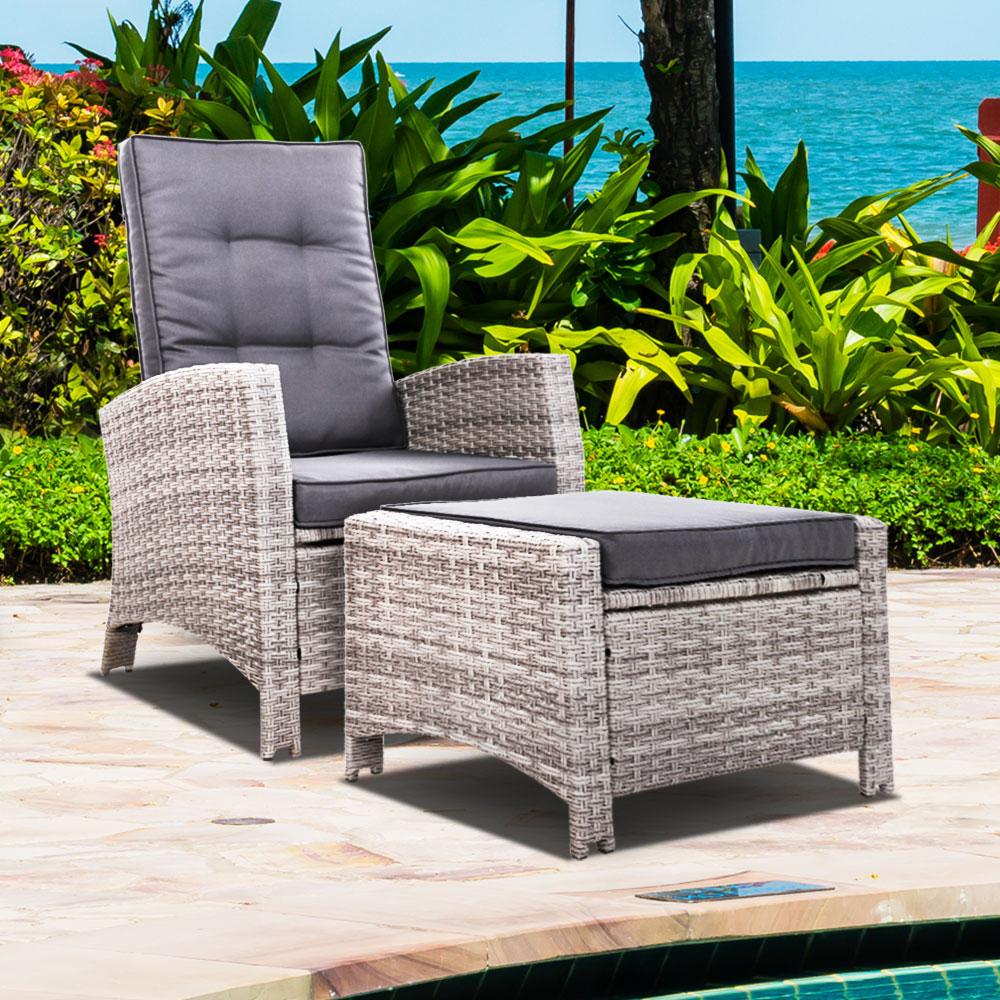 Sun lounge Recliner Chair Wicker Lounger Sofa Day Bed Outdoor Furniture Patio Garden Cushion Ottoman Grey Gardeon - Outdoorium