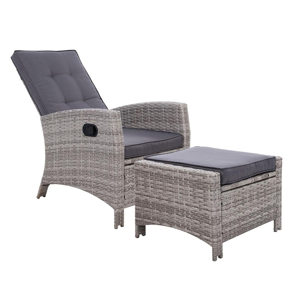 Sun lounge Recliner Chair Wicker Lounger Sofa Day Bed Outdoor Furniture Patio Garden Cushion Ottoman Grey Gardeon - Outdoorium