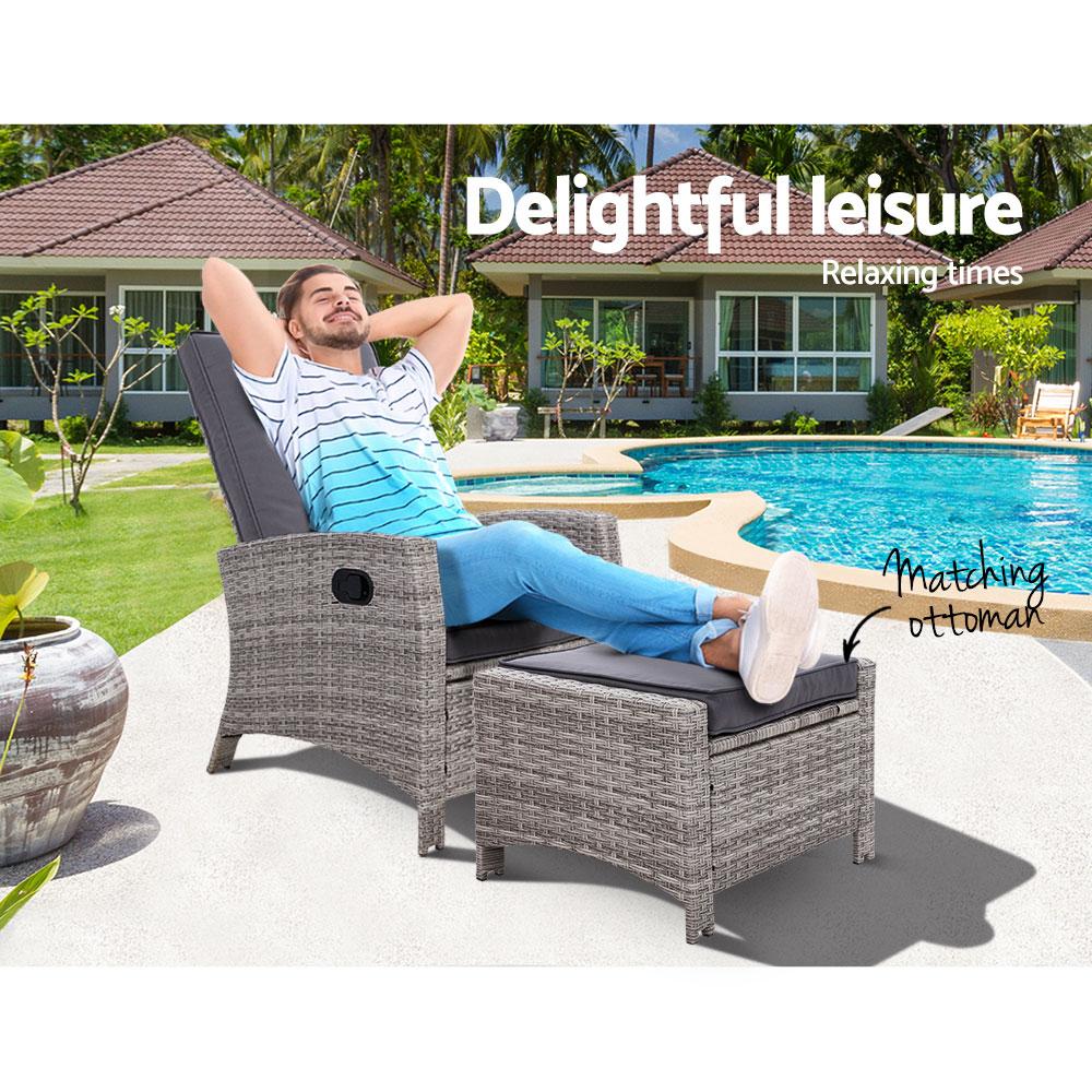 Sun lounge Recliner Chair Wicker Lounger Sofa Day Bed Outdoor Furniture Patio Garden Cushion Ottoman Grey Gardeon - Outdoorium