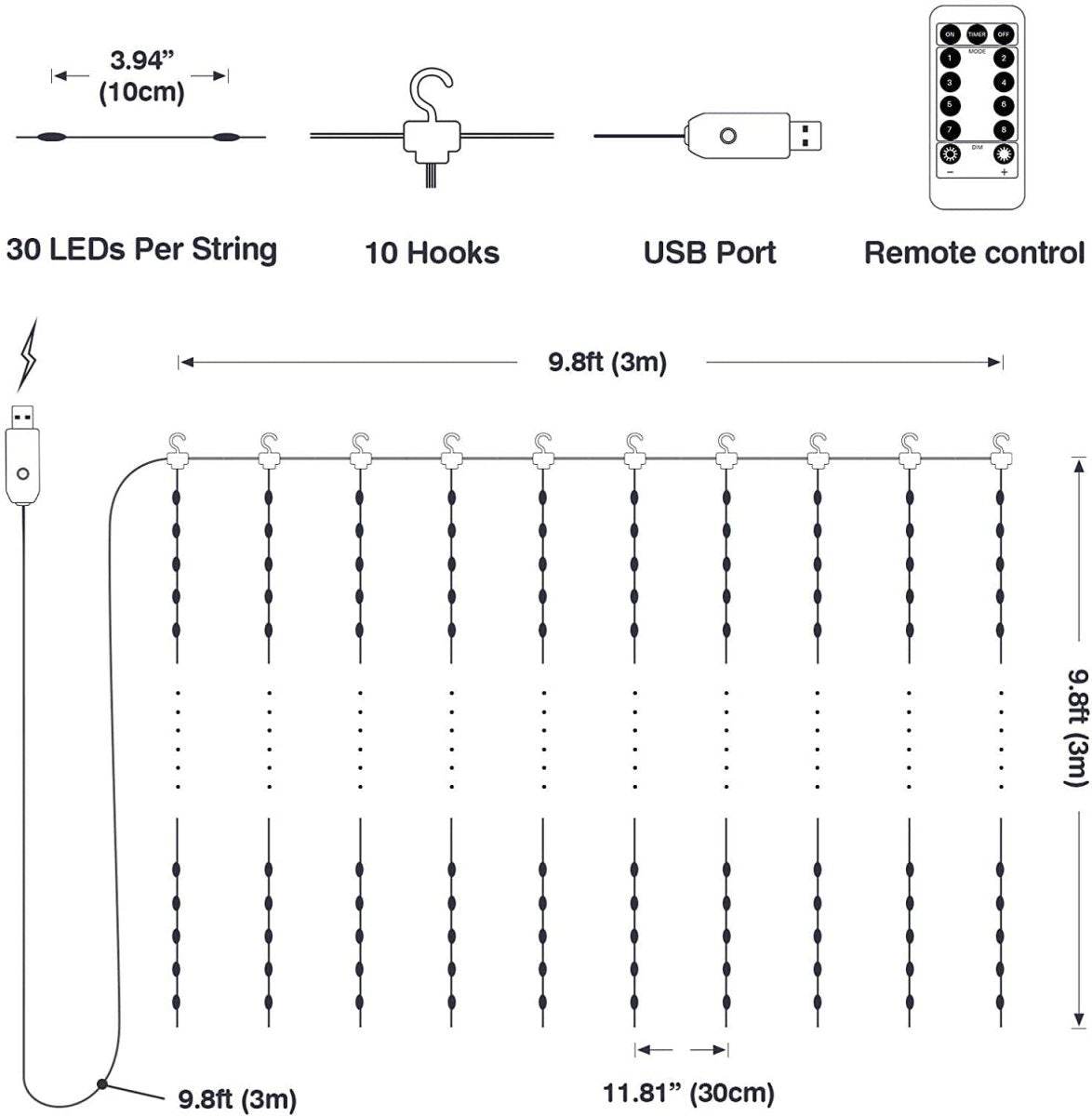 USB Powered 300 LED Curtain String Light with 8 Modes and Remote Control for Bedroom Party Wedding Decorations - Outdoorium