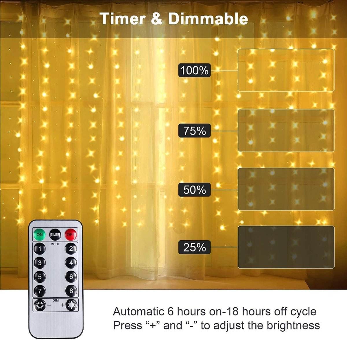 USB Powered 300 LED Curtain String Light with 8 Modes and Remote Control for Bedroom Party Wedding Decorations - Outdoorium