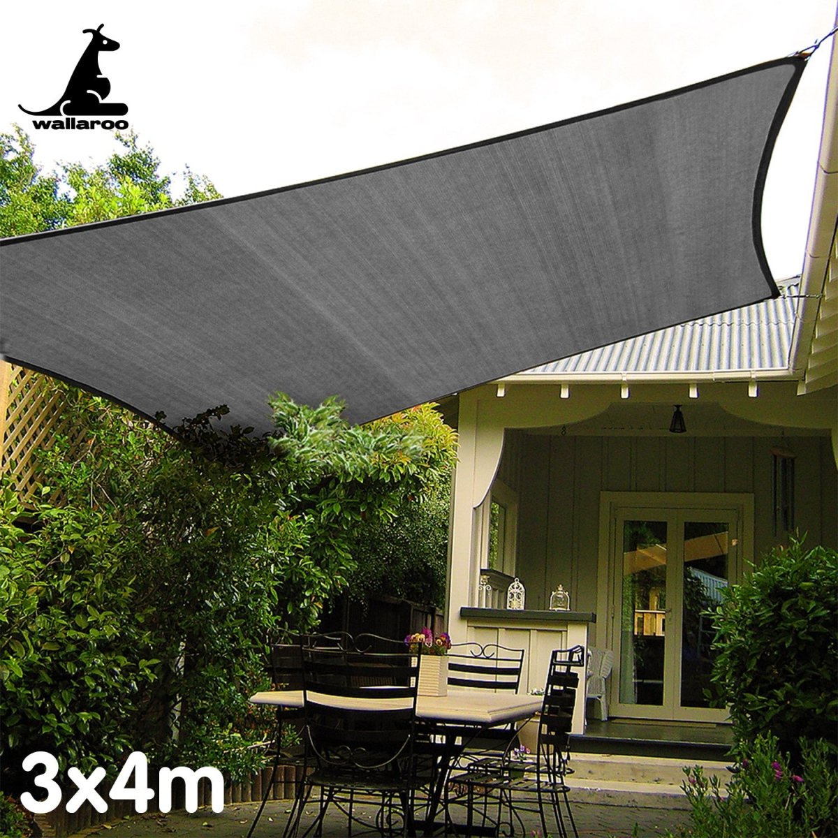 Wallaroo Outdoor Sun Shade Sail Canopy Grey Rectangle 3 x 4M - Outdoorium