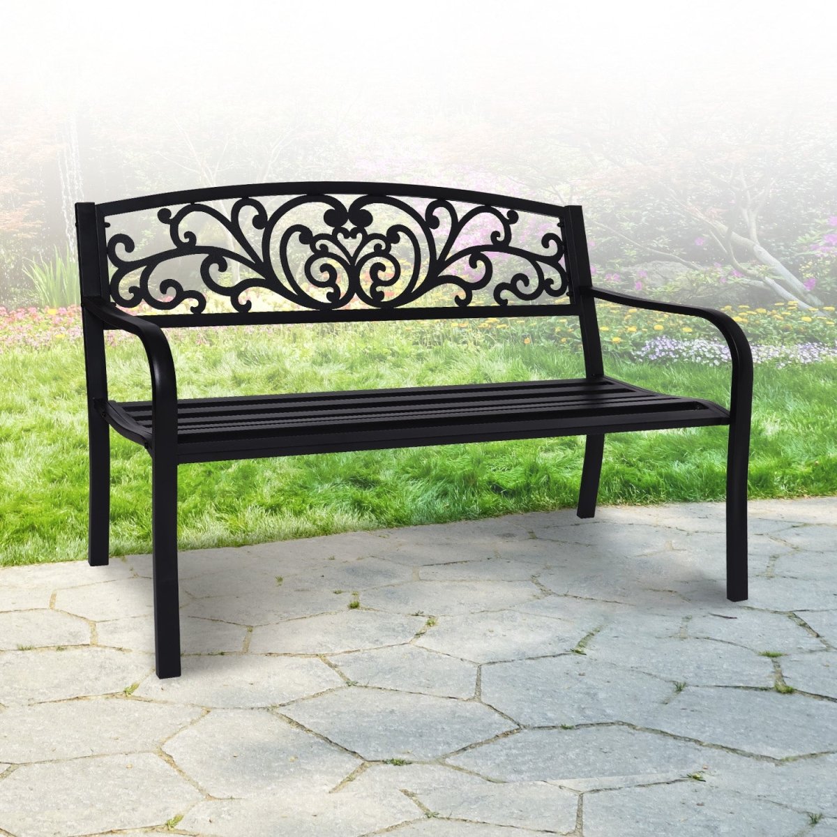 Wallaroo Steel Outdoor Garden Bench - Floral - Outdoorium