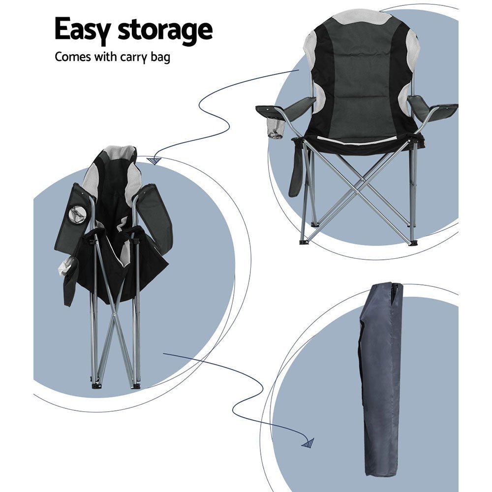 Weisshorn 2X Folding Camping Chairs Arm Chair Portable Outdoor Beach Fishing BBQ - Outdoorium
