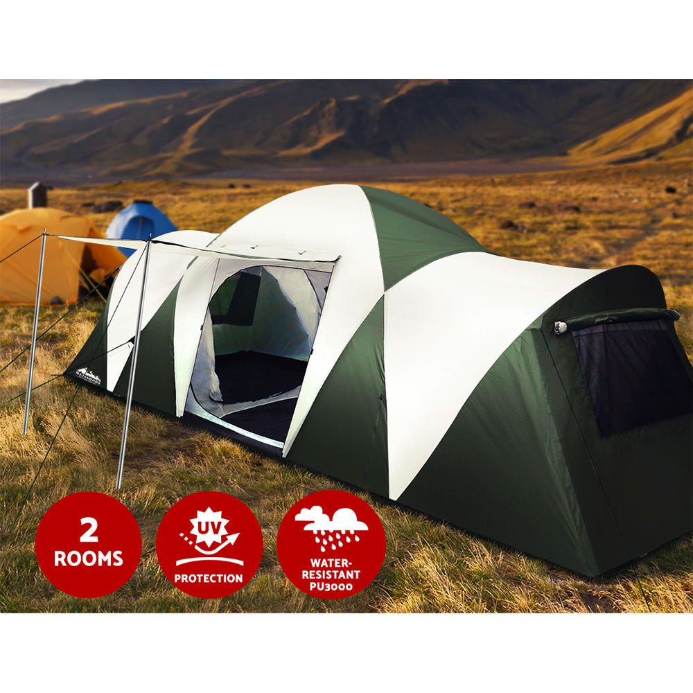 Weisshorn Family Camping Tent 12 Person Hiking Beach Tents (3 Rooms) Green - Outdoorium