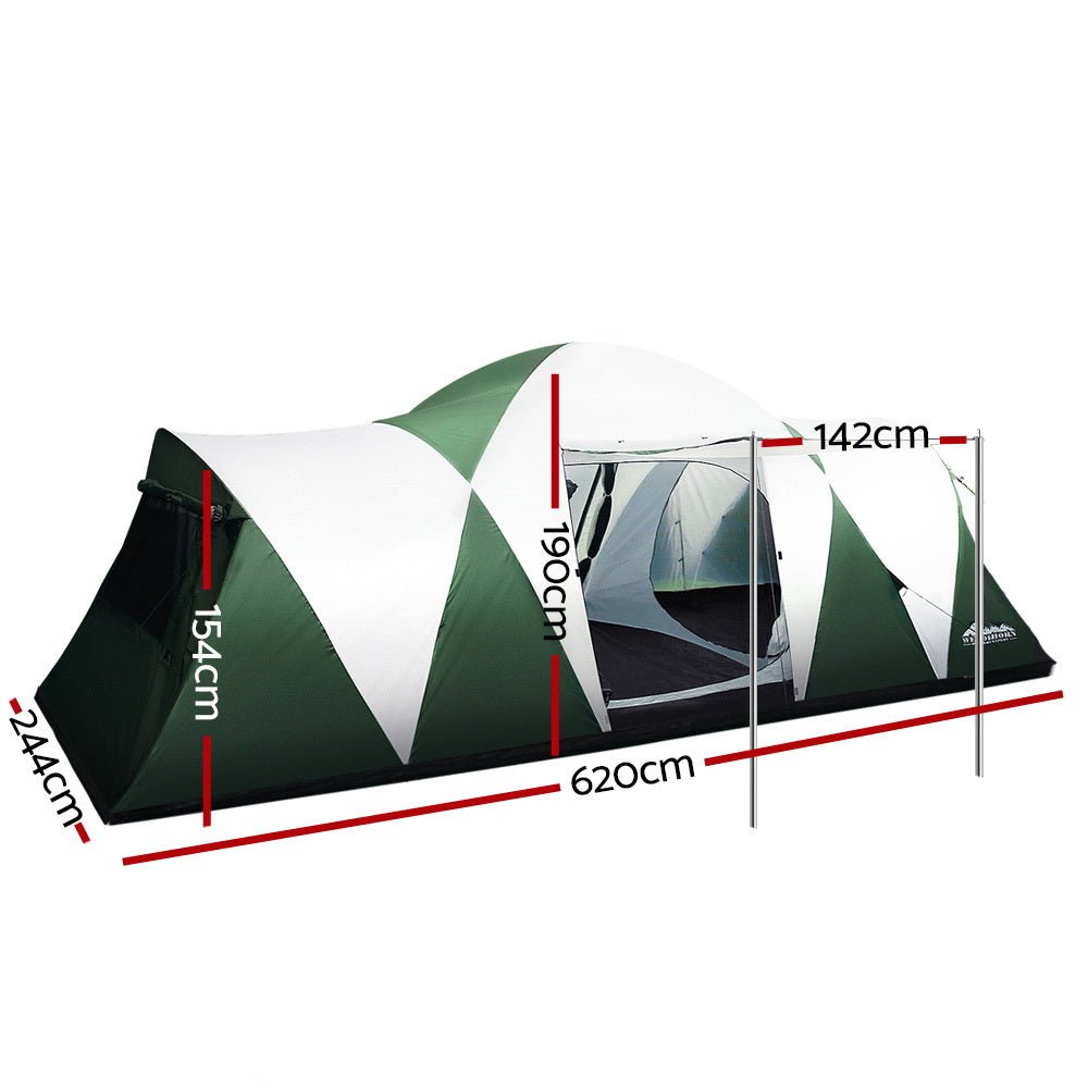 Weisshorn Family Camping Tent 12 Person Hiking Beach Tents (3 Rooms) Green - Outdoorium