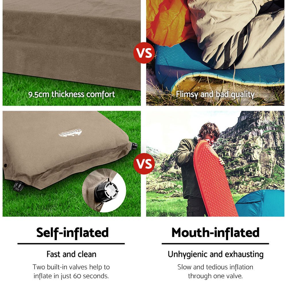 Weisshorn Self Inflating Mattress Camping Sleeping Mat Air Bed Pad Double Coffee 10CM Thick - Outdoorium