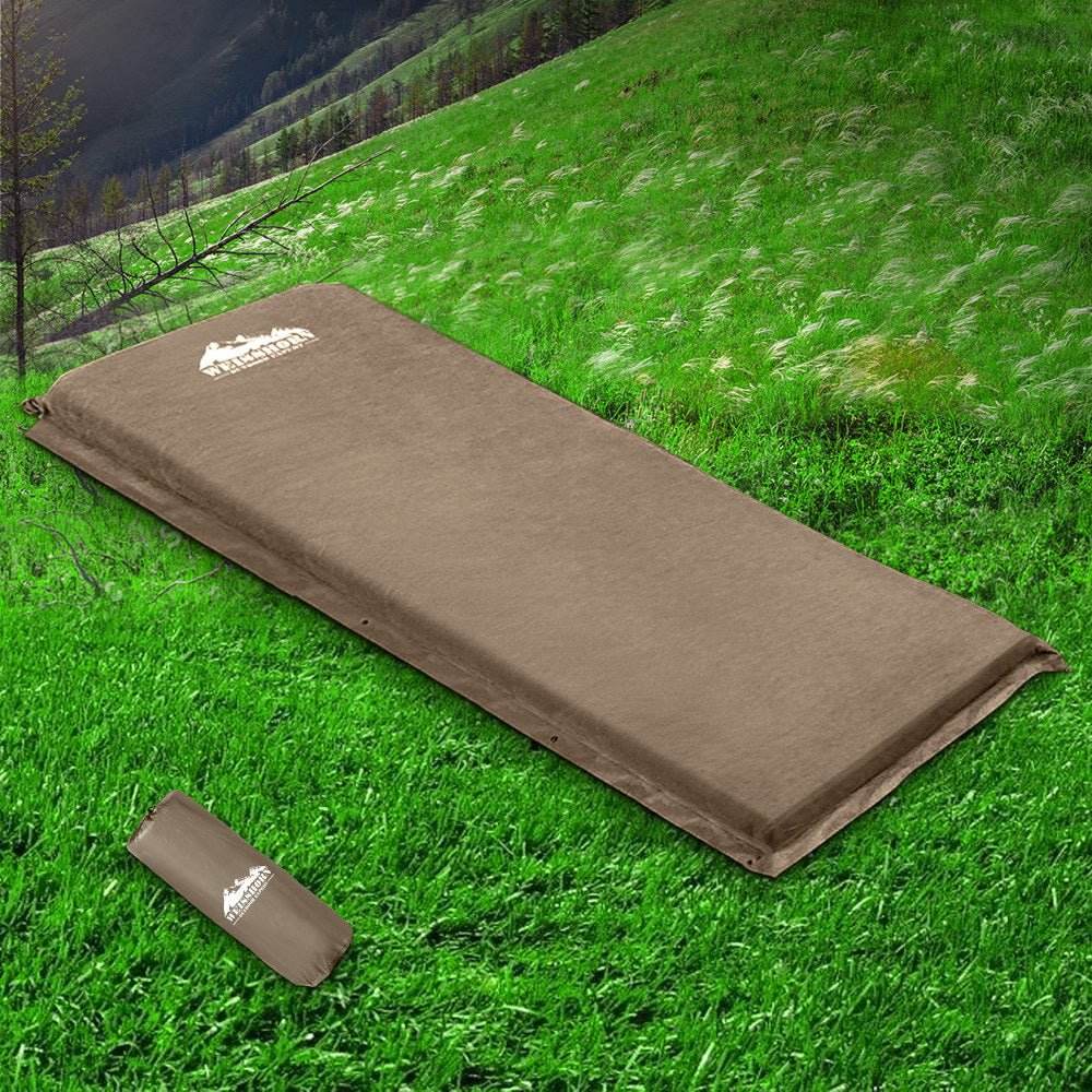 Weisshorn Self Inflating Mattress Camping Sleeping Mat Air Bed Single Coffee - Outdoorium