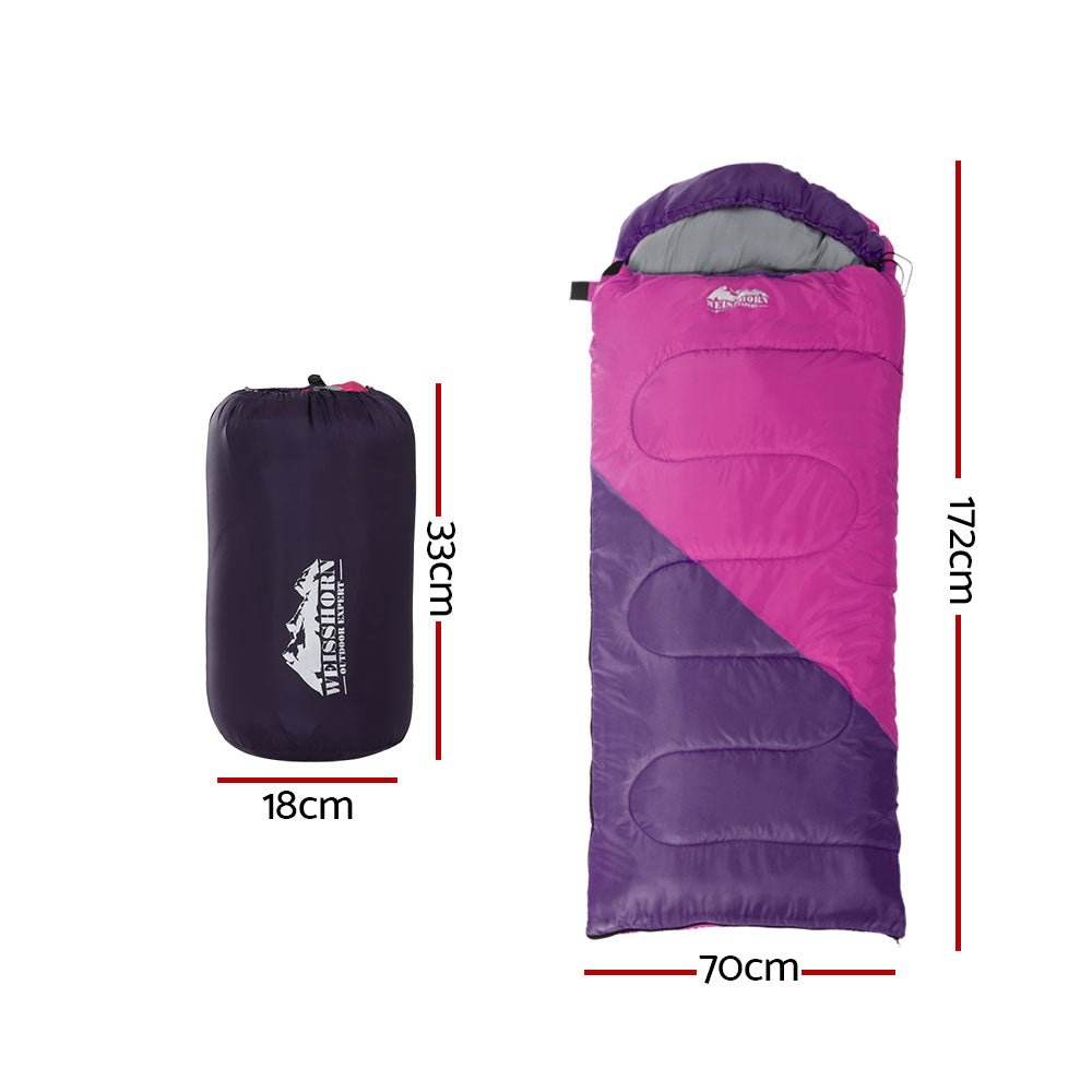 Weisshorn Sleeping Bag Kids Single 172cm Thermal Camping Hiking Pink - Outdoorium