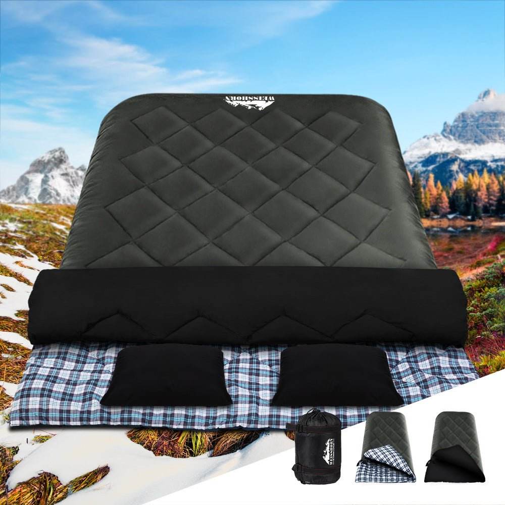 Weisshorn Sleeping Bag Double Pillow Thermal Camping Hiking Tent Grey -10�C - Outdoorium