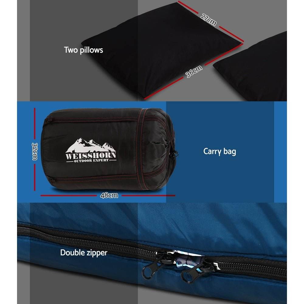 Weisshorn Sleeping Bag Double Pillow Thermal Camping Hiking Tent Blue -10�C - Outdoorium