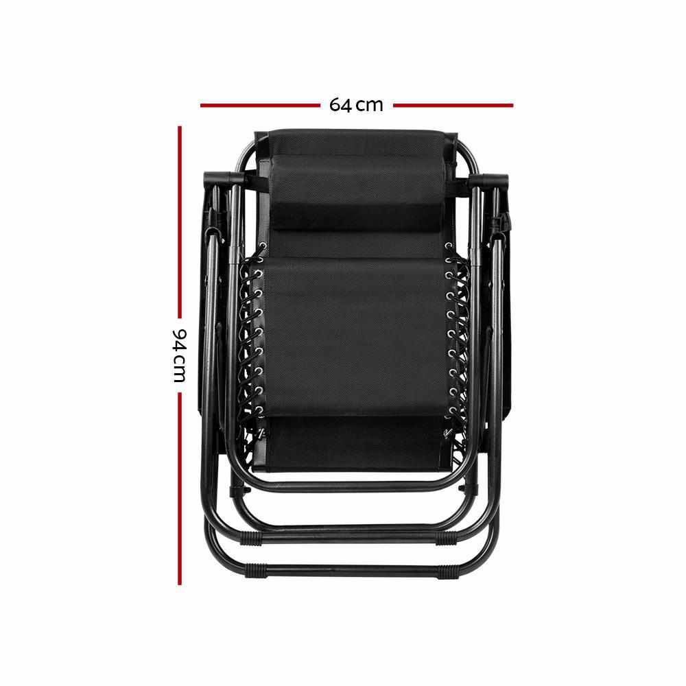 Zero Gravity Chairs 2PC Reclining Outdoor Furniture Sun Lounge Folding Camping Lounger Black - Outdoorium