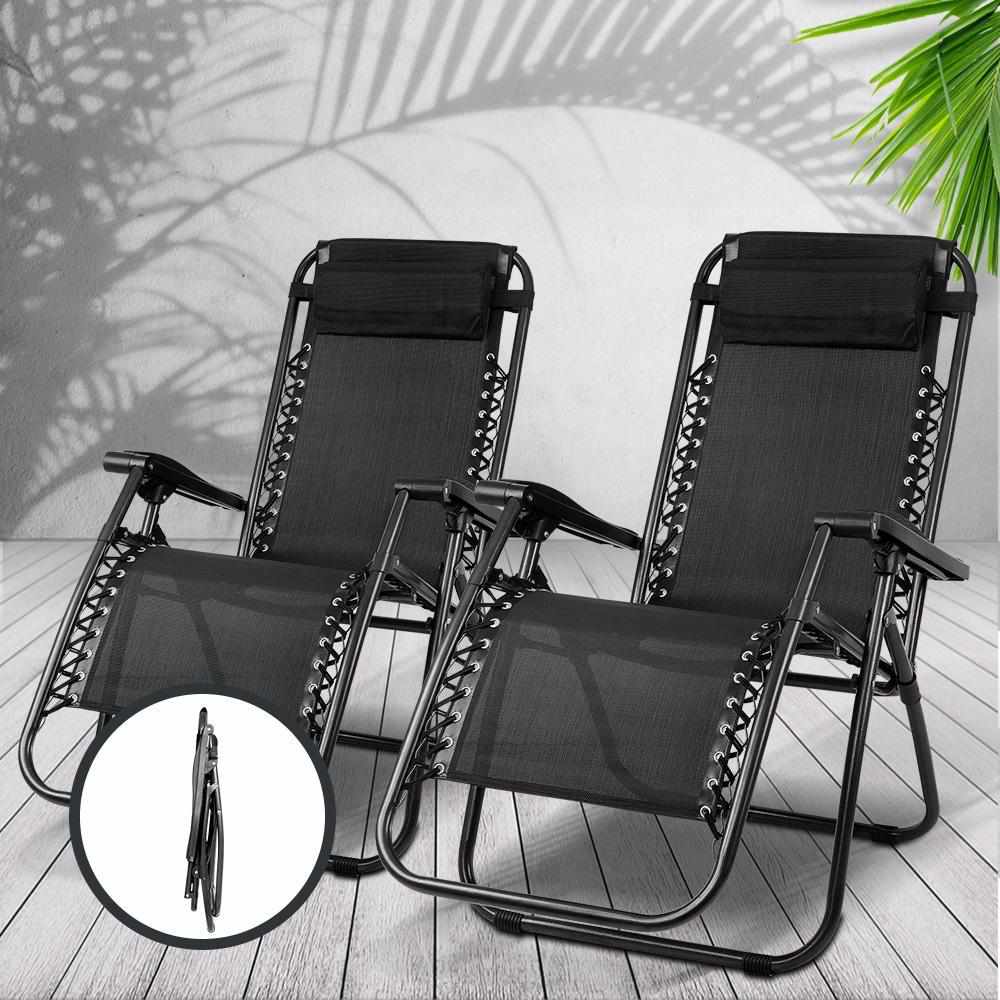 Zero Gravity Chairs 2PC Reclining Outdoor Furniture Sun Lounge Folding Camping Lounger Black - Outdoorium