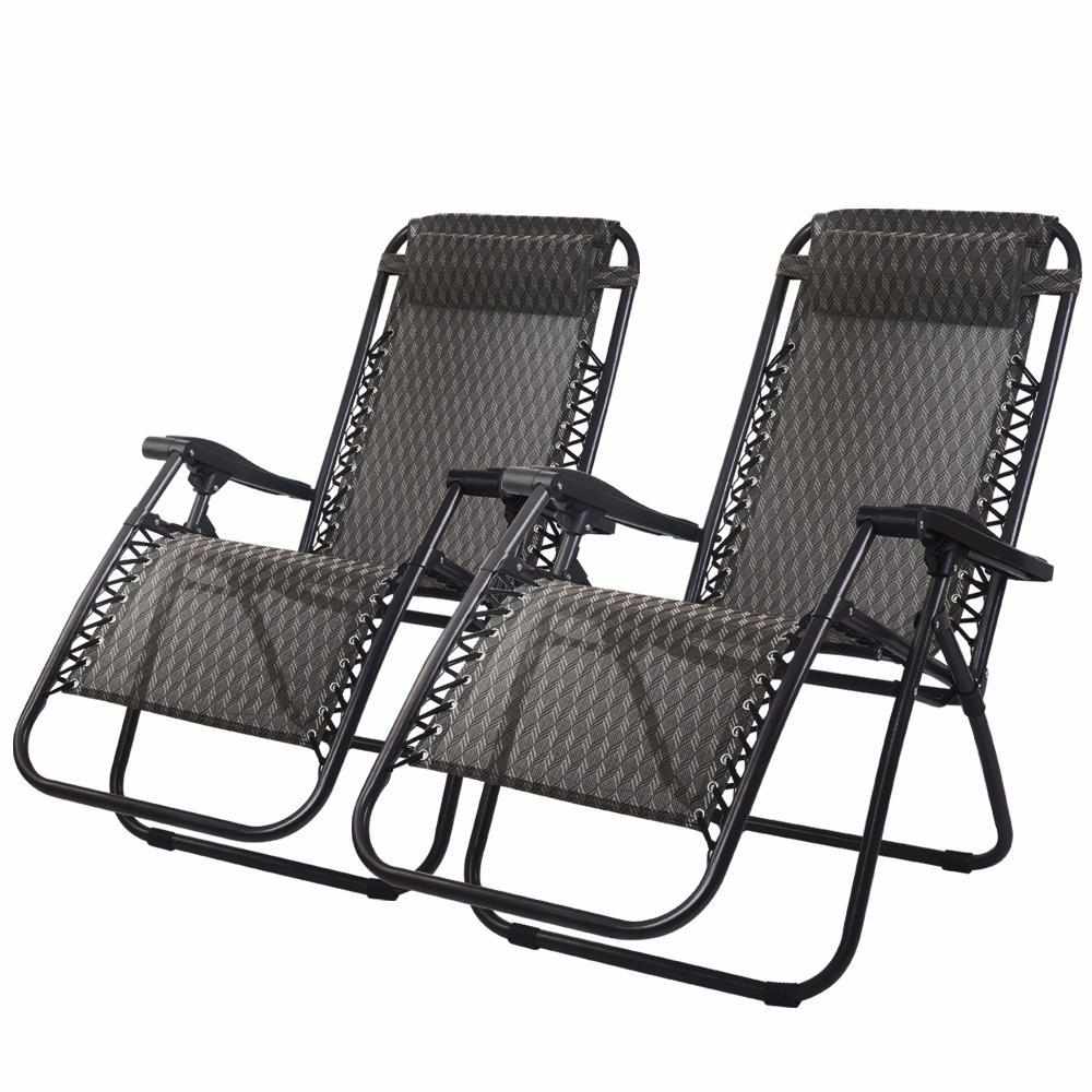 Zero Gravity Chairs 2PC Reclining Outdoor Furniture Sun Lounge Folding Camping Lounger Grey - Outdoorium